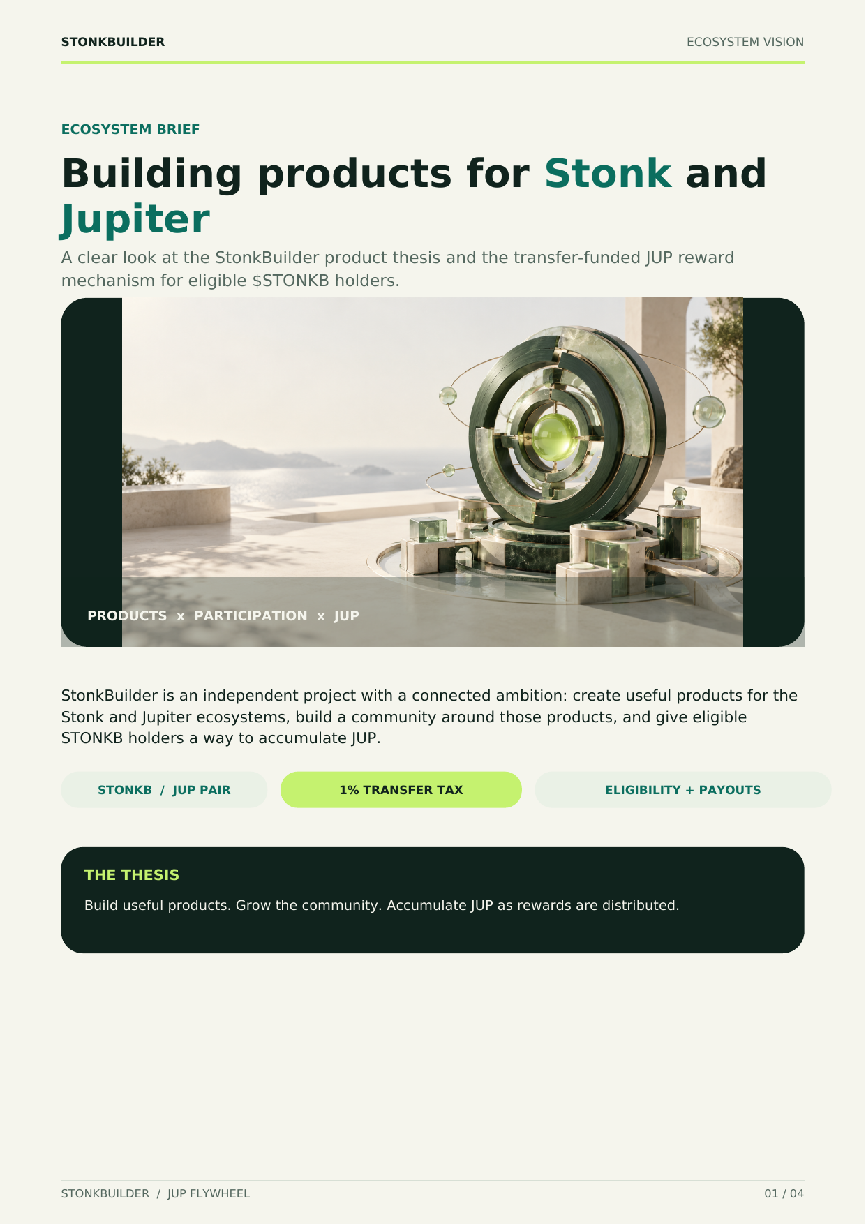Page 1: StonkBuilder ecosystem vision, product thesis, and JUP flywheel